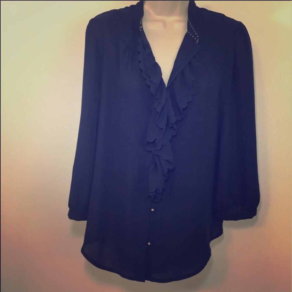 Anthropologie Navy Ruffled V-Neck Blouse